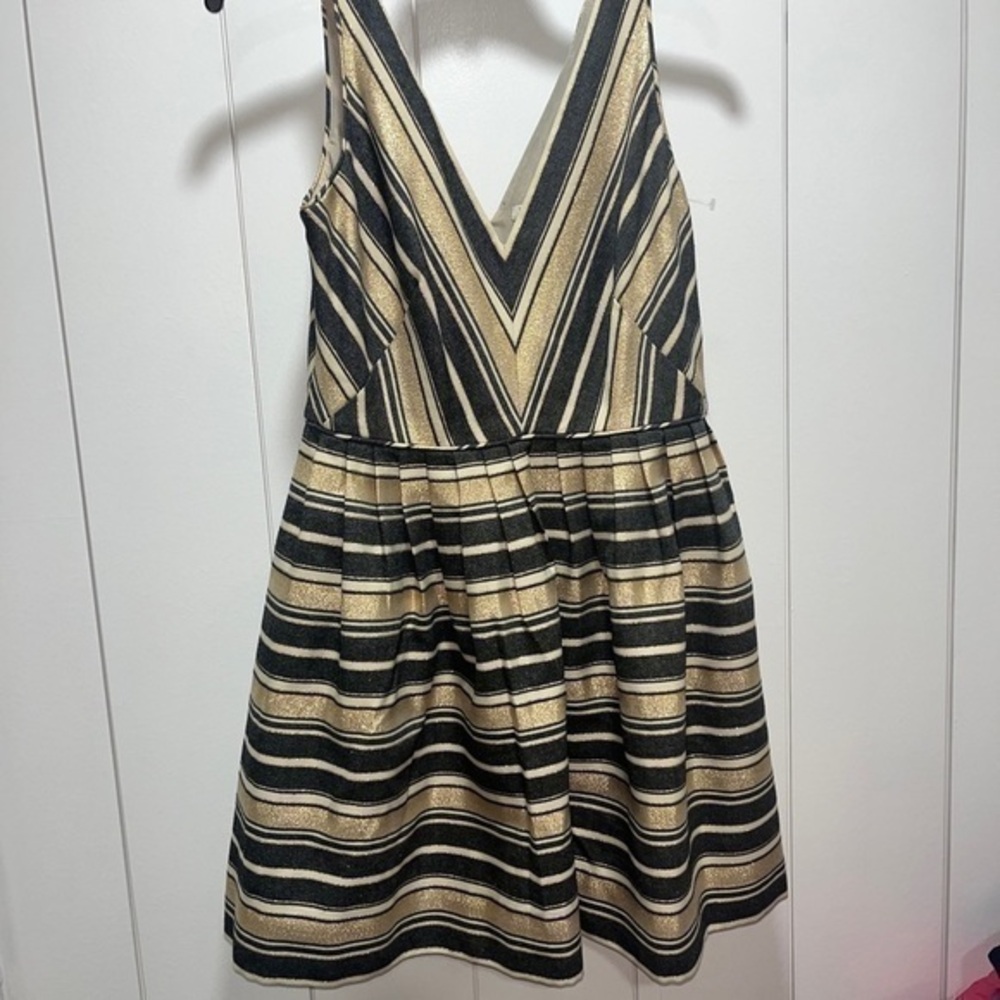 J Crew Dress 6 Striped Blue Gold Fit Flare Two Pockets Dress. New With Tags